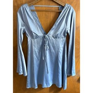 Asos Icy Blue Satin Bell Sleeve Babydoll Mini Dress Y2K Mcbling Fairy Grunge 90s